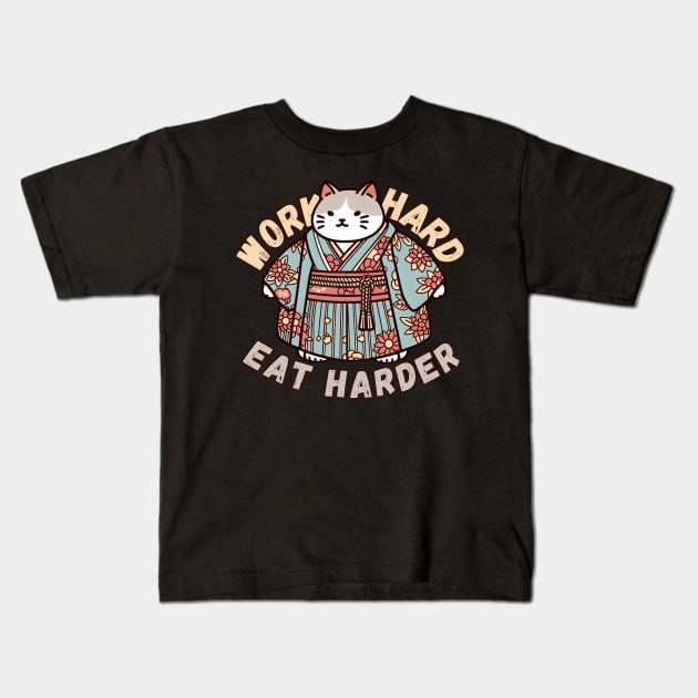 Japanese cat hard work man Kids T-Shirt by Japanese Fever